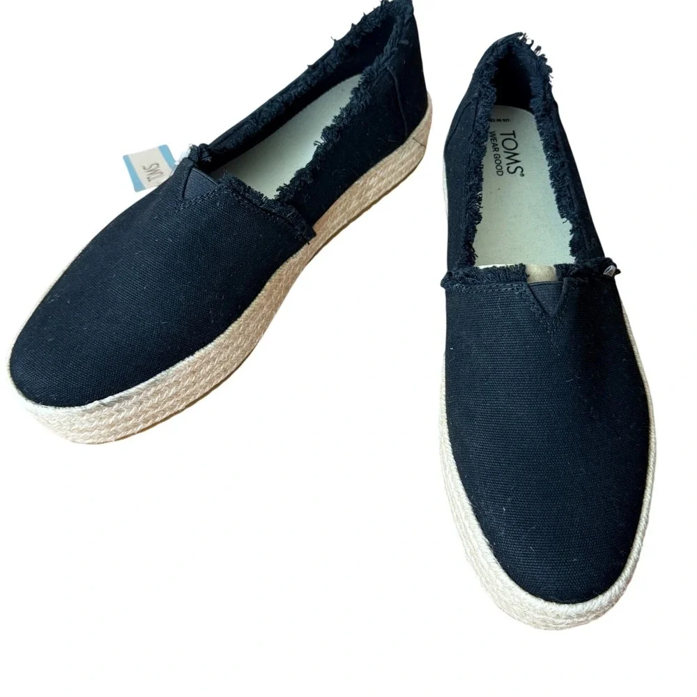 Toms Black Canvas Espadrille Flats with Jute Platform